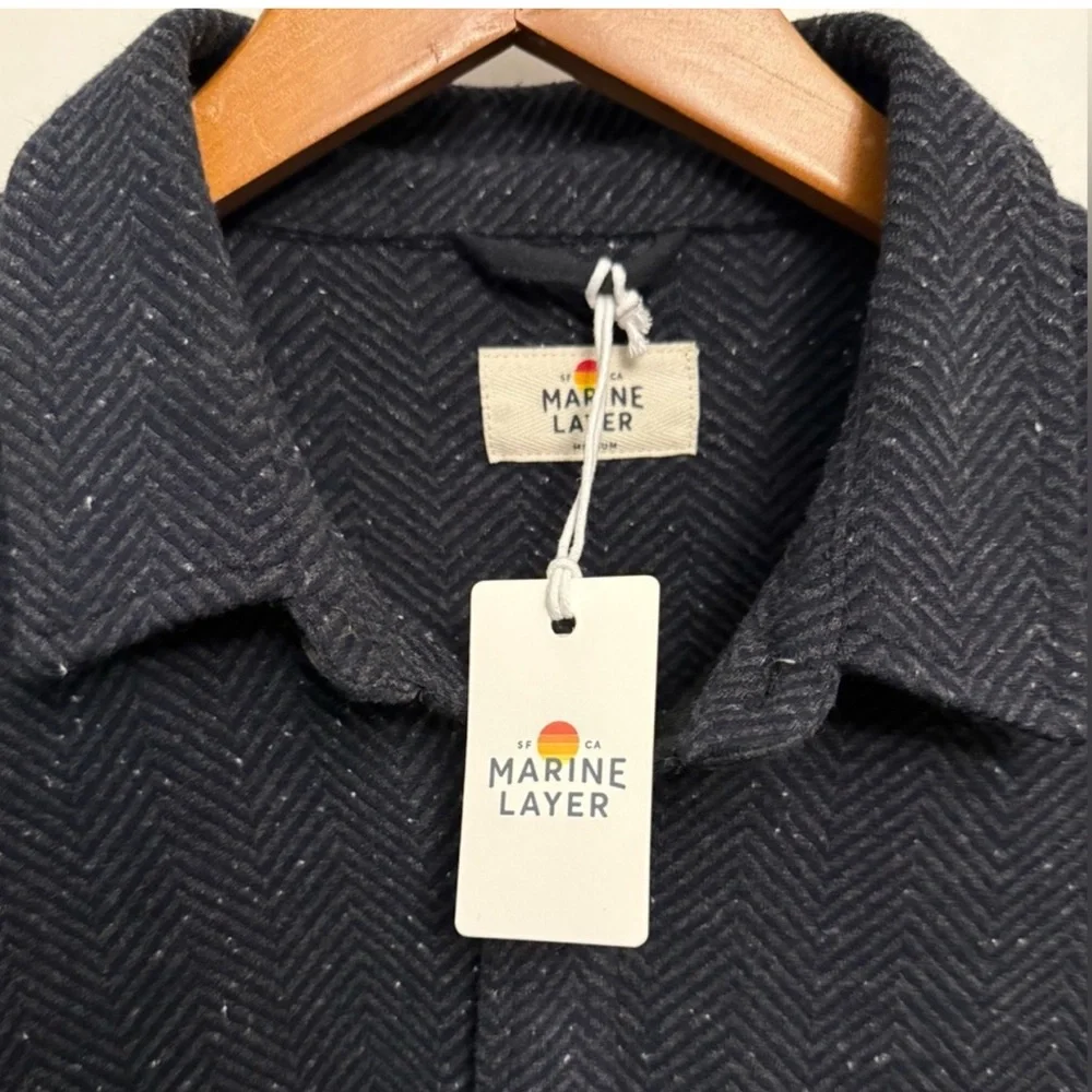 Marine Layer NWT Pacifica Stretch Twill Shirt in Dark Herringbone